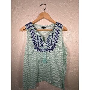 Talbots Embroidered V-Neck Sleeveless Top Women's Size Large Teal  Made in India